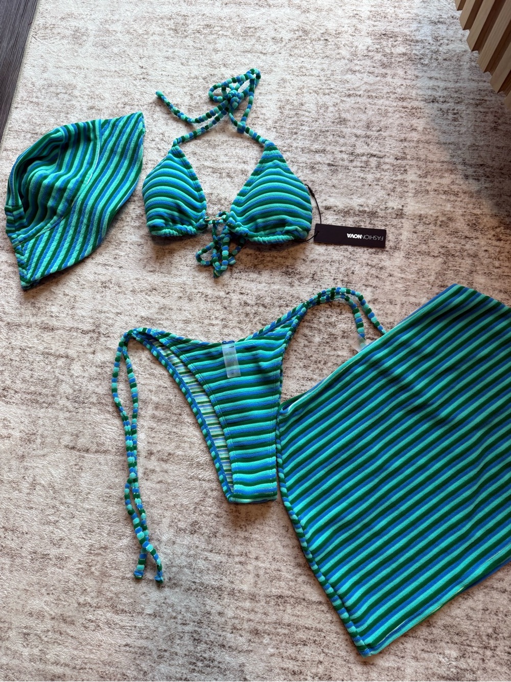 Fashion Nova Teal and Blue Striped Triangle Bikini Set with Cover-Up